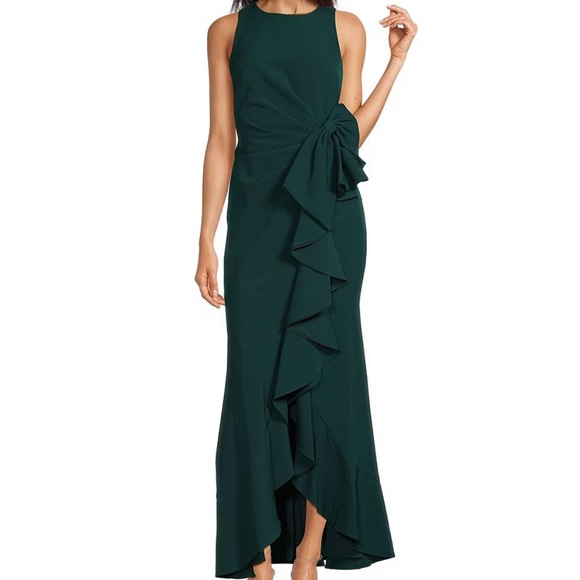 NWT: Eliza. J Stretch Crew Neck Sleeveless Cascading Ruffle Bow Gown - Picture 1 of 16